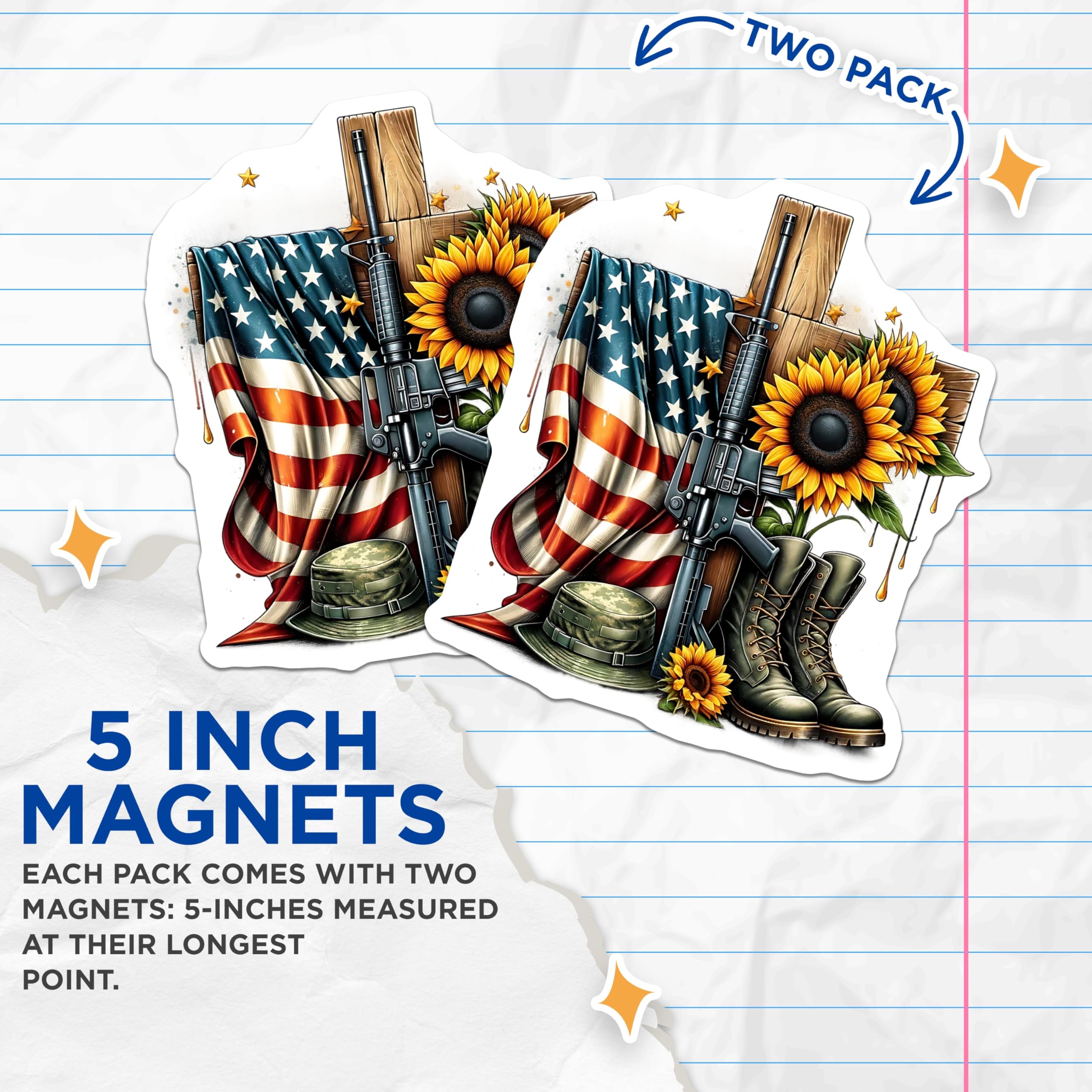 (2 Pack) Memorial Day Magnets - USA Flag and Sunflowers - Patriotic Tribute Magnet - 5" On Longest Side - Premium Magnet - for Cars, Refrigerators, Toolboxes, Lockers - Made in USA - MAG15510