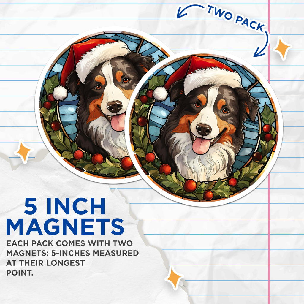 (2 Pack) Christmas Aussie Dog Magnets - Santa Hat Pet - Stained Glass Holiday Decor for Fridge - 5 Inches On Longest Side - Thick Durable Magnet - Made in USA - MAG28143