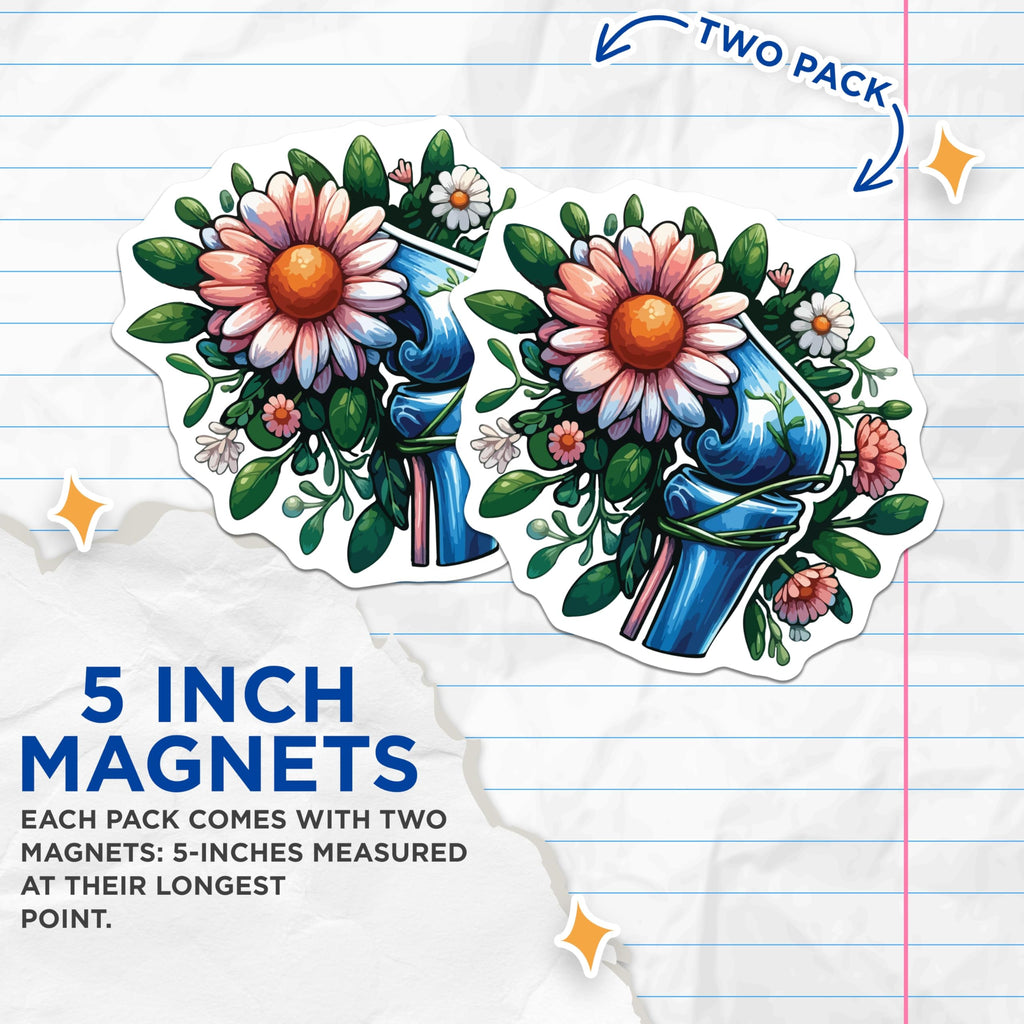 (2 Pack) Anatomical Knee Joint Magnets - Vibrant Floral Human Anatomy Art - Orthopedic Healthcare Science Decor - 5 Inches On Longest Side - Thick Durable Magnet - Made in USA - MAG19632