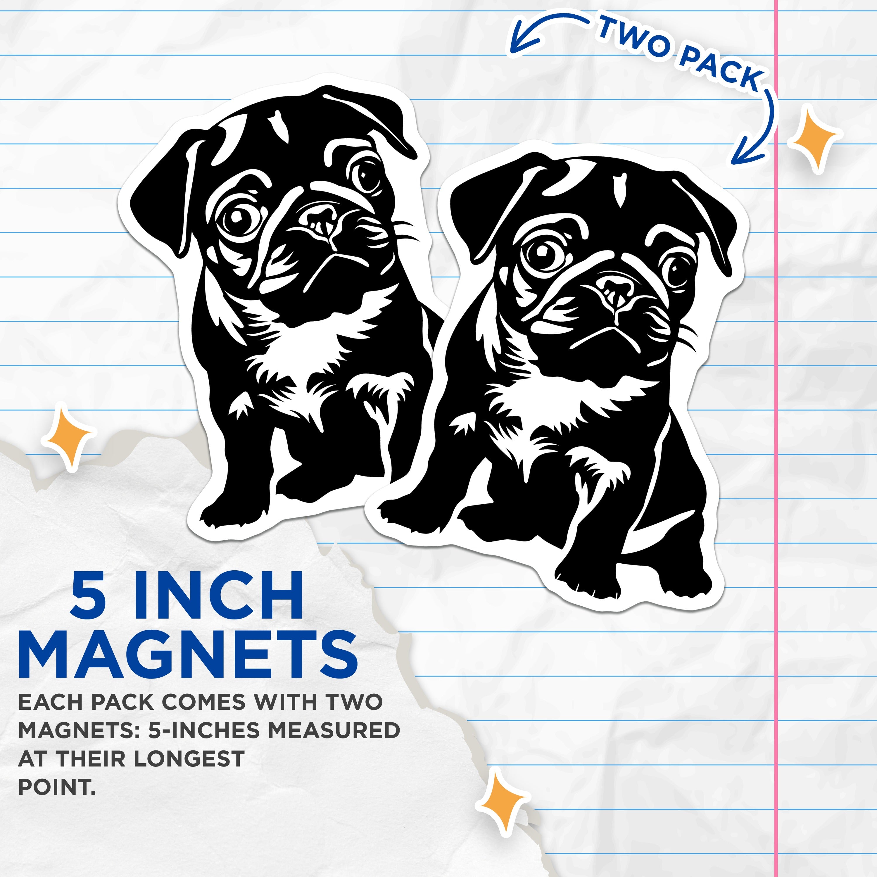(2 Pack) Pug Puppy Magnets - Dog Lover Decor - Pet Owner - Cute Animal Art - Refrigerator Locker - 5 Inches On Longest Side - Thick Durable Magnet - Made in USA - MAG37248