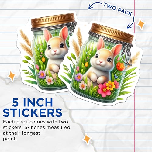 (2 Pack) Cute Bunny Stickers - Adorable Rabbit - Nature and Flowers Art - 5" On Longest Side - Sticks to Smooth Flat Surfaces - Made in USA - BMCS9362