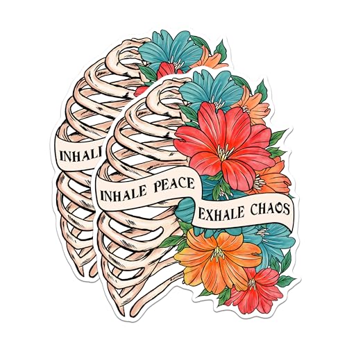 (2 Pack) Inhale Peace Exhale Chaos Magnets - Floral Skeleton Magnets - Inspirational Quotes Magnets for Home Decor- 5" On Longest Side - for Fridges, Toolboxes, Cars - Made in USA - MAG3004