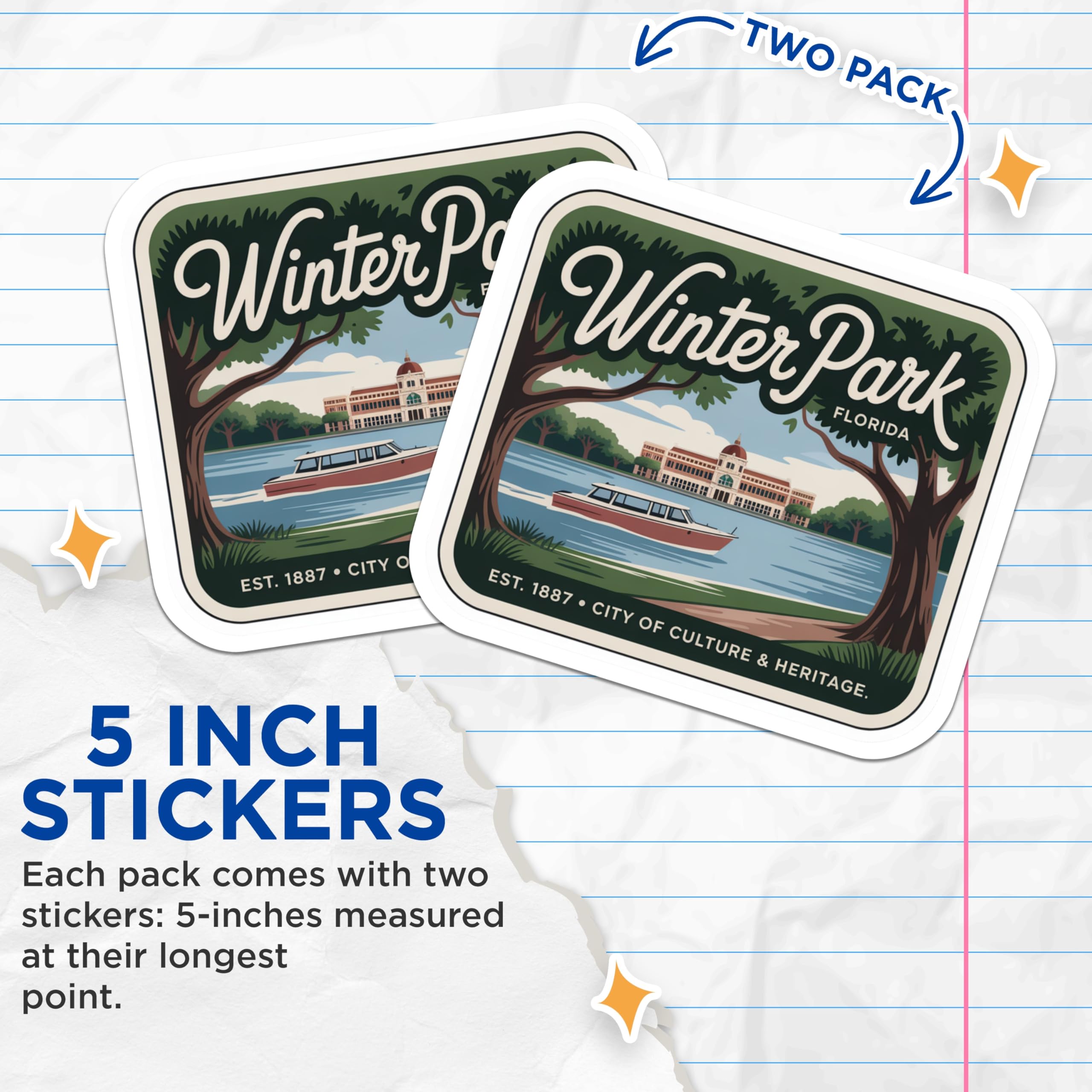 (2 Pack) Winter Park Florida Stickers - Travel Stickers - Florida Souvenir - 5" On Longest Side - Sticks to Smooth Flat Surfaces - Made in USA - BMCS18918