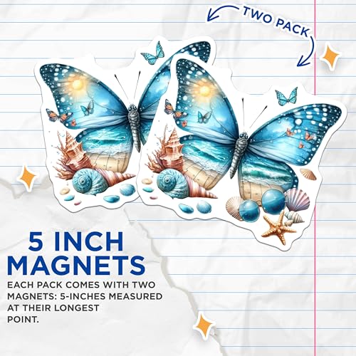 (2 Pack) Butterfly Ocean Magnets - Beach Theme - Coastal Decor - Sea Life - Nautical Magnets - 5" On Longest Side - for Cars, Fridges, Toolboxes - Made in USA - MAG7171