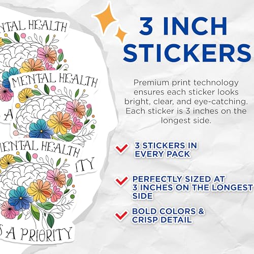 (3 Pack) Mental Health Decals - Floral Brain Decal - Self Care Laptop Decal - 3 Inches On Longest Side - Easy Peel & Apply - Made in USA - 3MCS2026