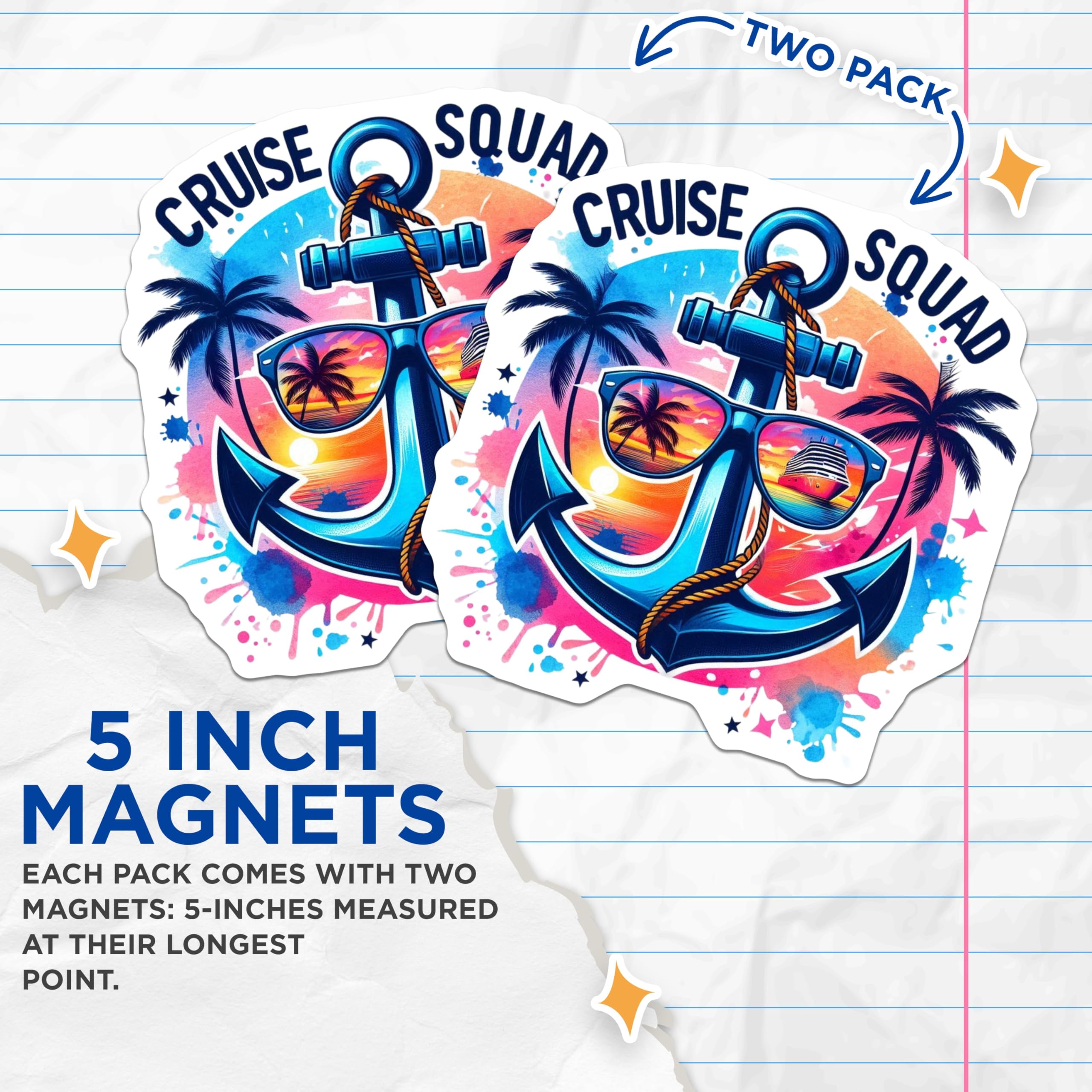 (2 Pack) Cruise Squad Magnets - Tropical Ship Vacation Decor - Anchor Sunglasses Ocean Travel - 5 Inches On Longest Side - Thick Durable Magnet - Made in USA - MAG20338