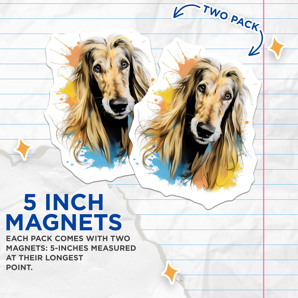(2 Pack) Afghan Hound Magnets - Dog Lover Decor - Artistic Pet Portrait Animal Art - 5 Inches On Longest Side - Thick Durable Magnet - Made in USA - MAG25578