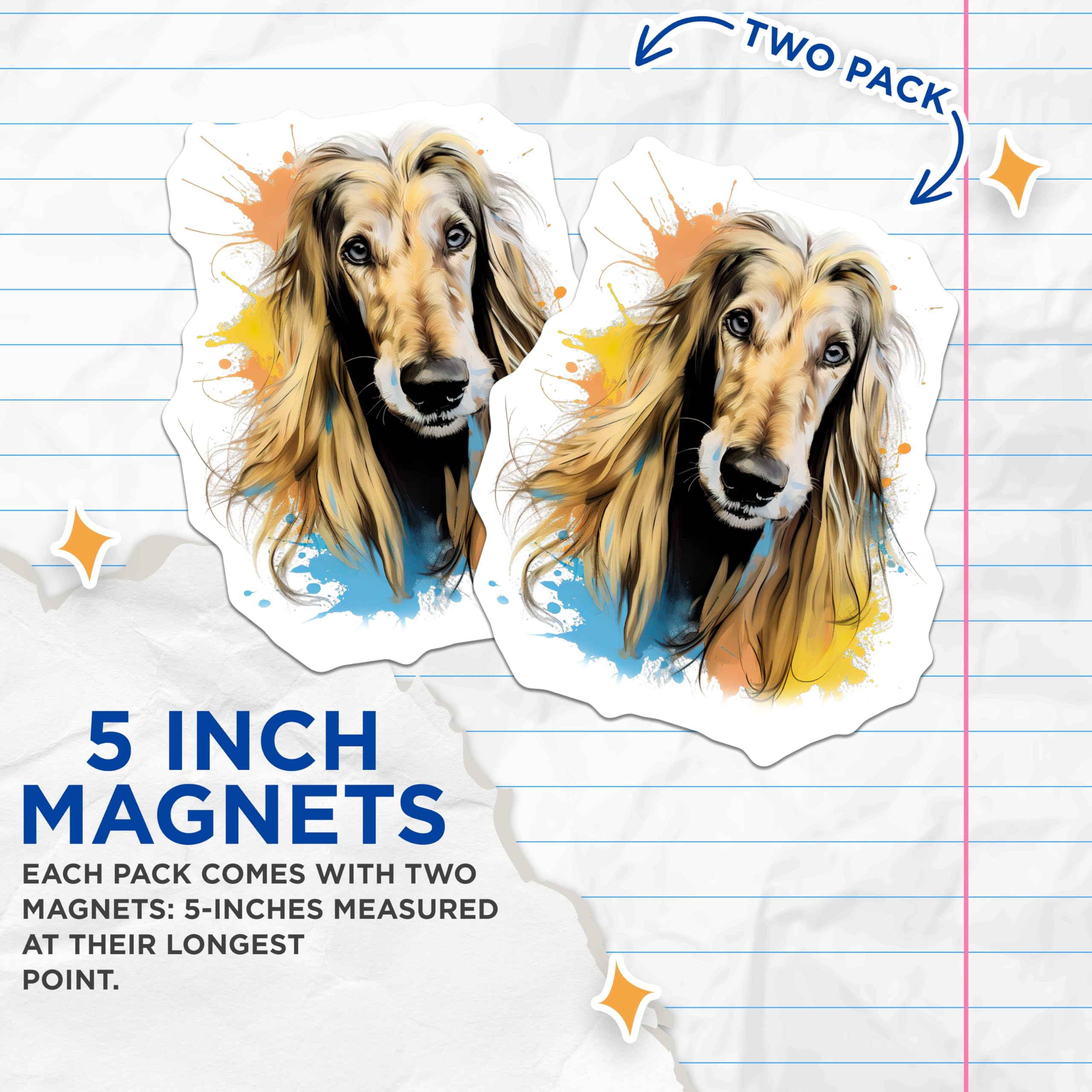 (2 Pack) Afghan Hound Magnets - Dog Lover Decor - Artistic Pet Portrait Animal Art - 5 Inches On Longest Side - Thick Durable Magnet - Made in USA - MAG25578