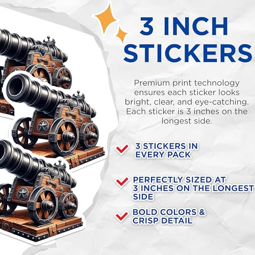 (3 Pack) Cannon Decals - Pirate Cannon Sticker - Old War Cannon Laptop Decal- 3 Inches On Longest Side - Easy Peel & Apply - Made in USA - 3MCS5499
