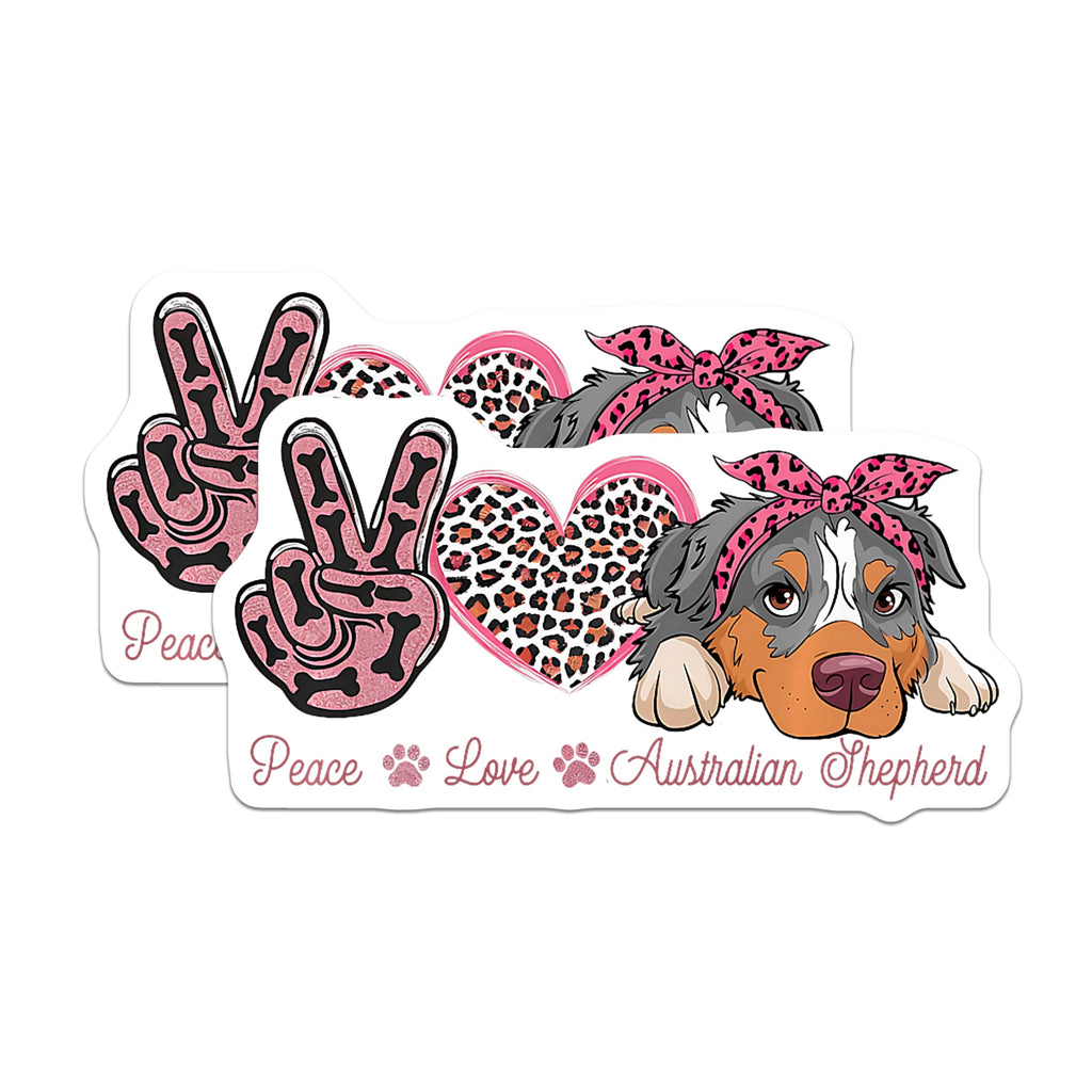 (2 Pack) Australian Shepherd Magnets - Peace Love Leopard Print Dog - Aussie Puppy Decor Refrigerator Animal Magnets - 5 Inches On Longest Side - Thick Durable Magnet - Made in USA - MAG23497
