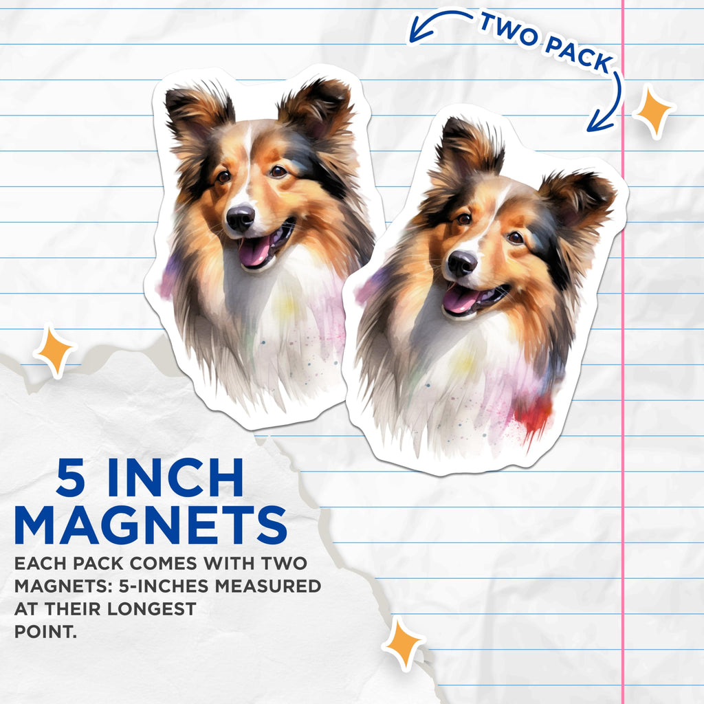 (2 Pack) Sheltie Dog Magnets - Watercolor Shetland Sheepdog Art - Happy Collie Pet Lover Fridge Display - 5 Inches On Longest Side - Thick Durable Magnet - Made in USA - MAG23284