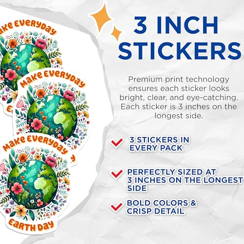 (3 Pack) Earth Day Decals - Floral Earth - Planet Decals - 3 Inches On Longest Side - Easy Peel & Apply - Made in USA - 3MCS8512