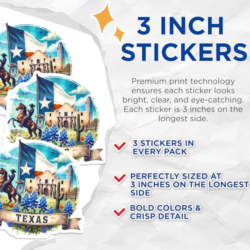 (3 Pack) Texas Pride Decals - Alamo Decal - Cowboy Laptop Decal- 3 Inches On Longest Side - Easy Peel & Apply - Made in USA - 3MCS5838