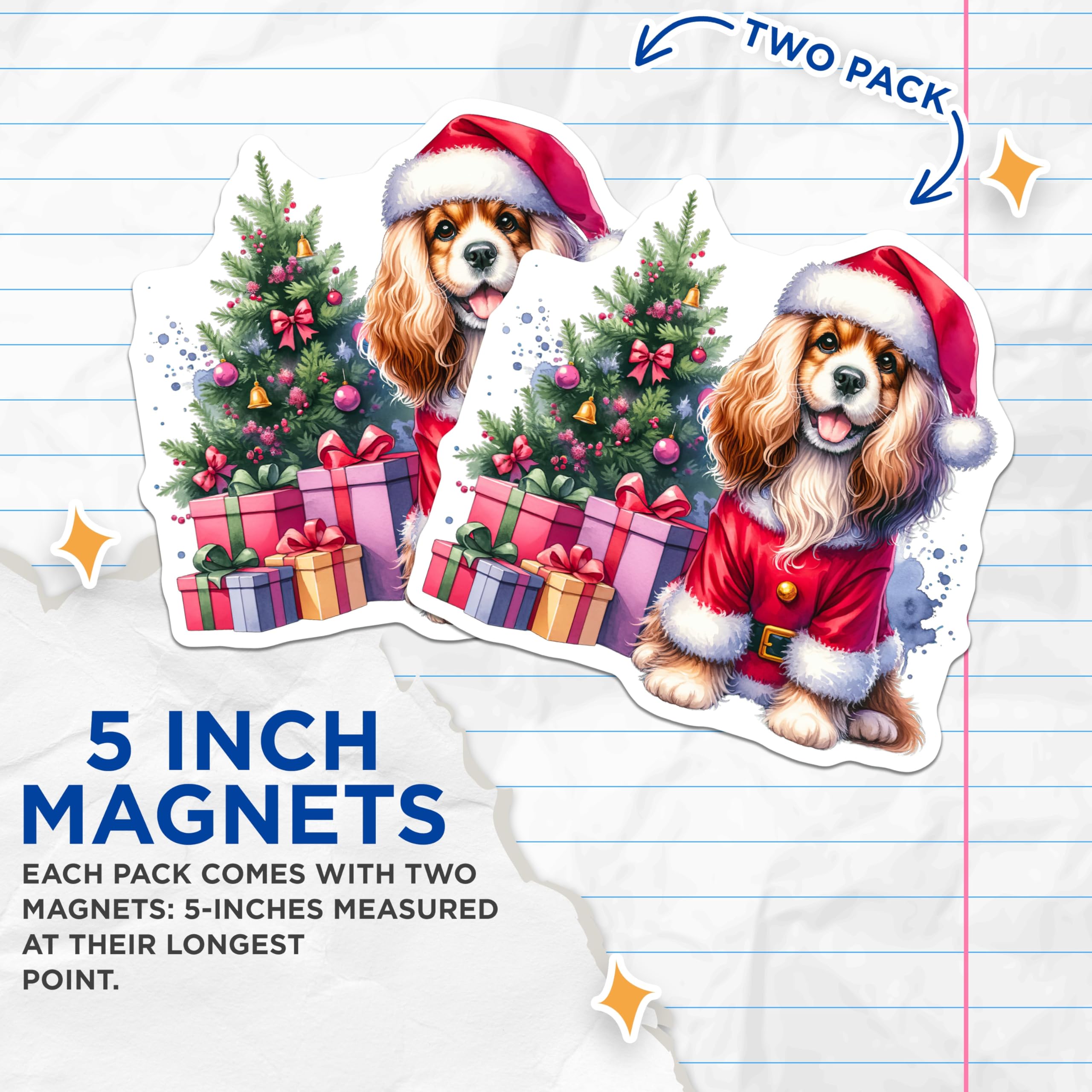 (2 Pack) Cocker Spaniel Christmas Magnets - Santa Dog Holiday Decor - Festive Animal Refrigerator Art - Xmas Puppy Joy - 5 Inches On Longest Side - Thick Durable Magnet - Made in USA - MAG26845