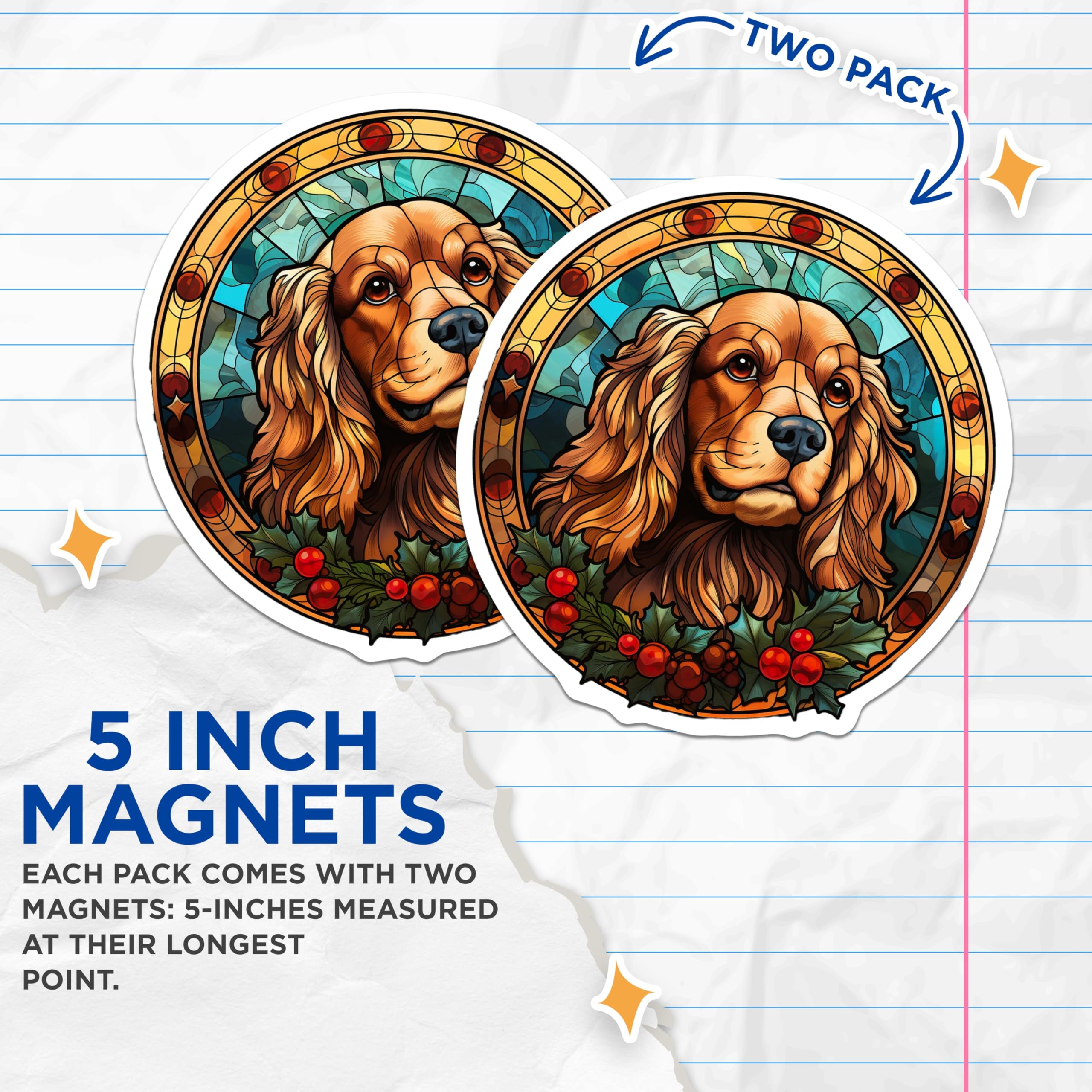 (2 Pack) Cocker Spaniel Magnets - Stained Glass Dog Art - Christmas Holiday Decor - 5 Inches On Longest Side - Thick Durable Magnet - Made in USA - MAG30519