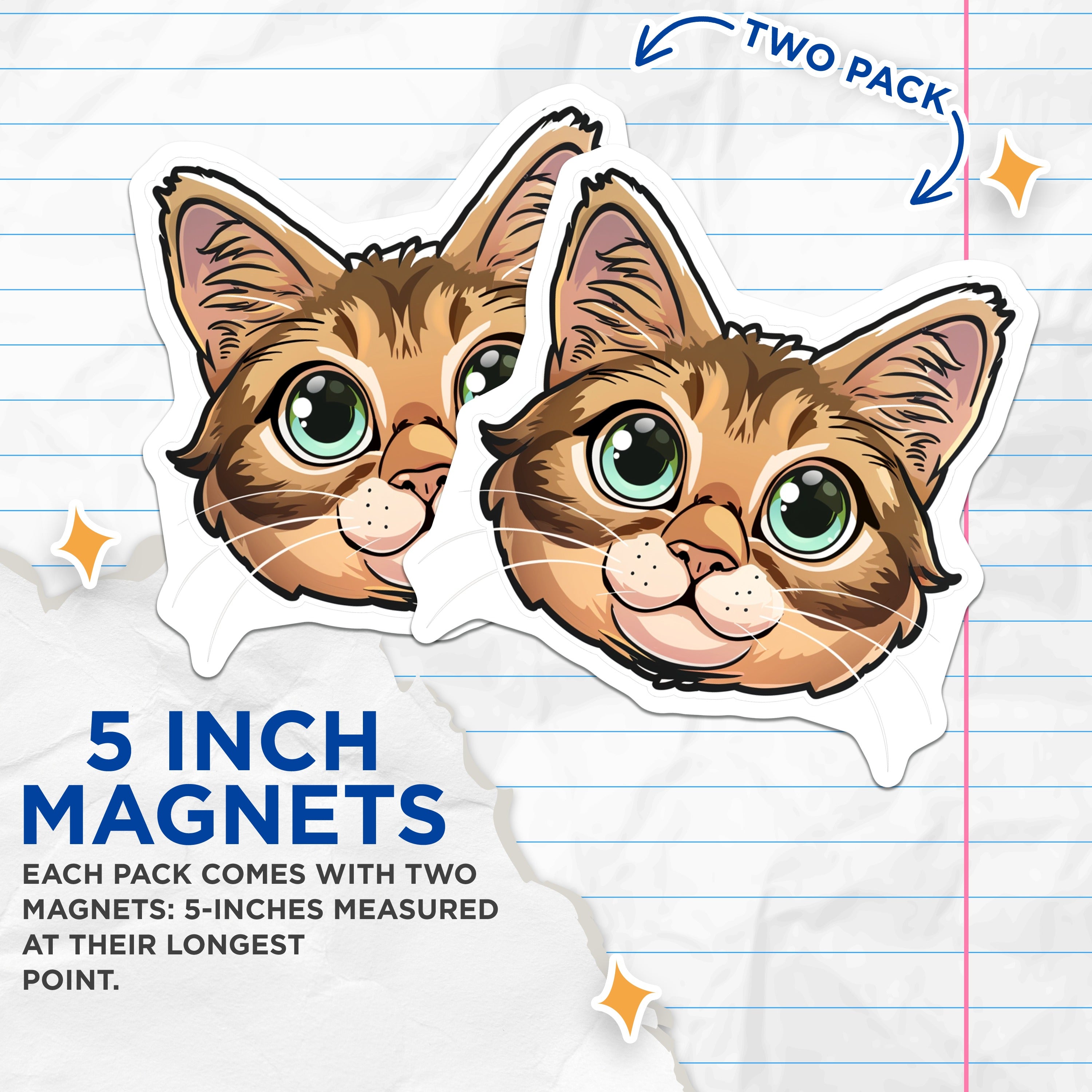 (2 Pack) Cute Cat Face Magnets - Kitten Animal Lover - Fridge Locker Decor - 5 Inches On Longest Side - Thick Durable Magnet - Made in USA - MAG39213