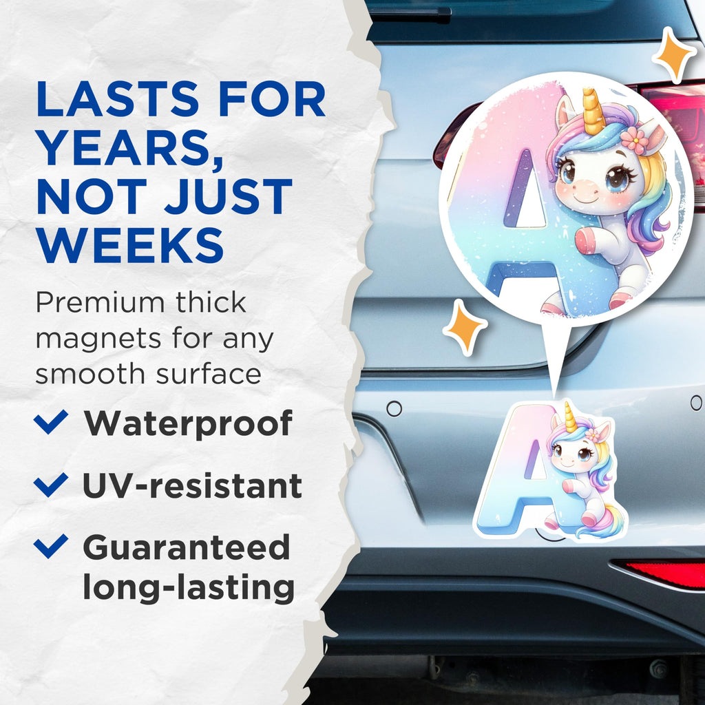 (2 Pack) Unicorn Initial A Magnets - Alphabet Letter Magnets - Pastel Unicorn Room Decor - 5" On Longest Side - Premium Magnet - for Cars, Refrigerators, Toolboxes, Lockers - Made in USA - MAG15210