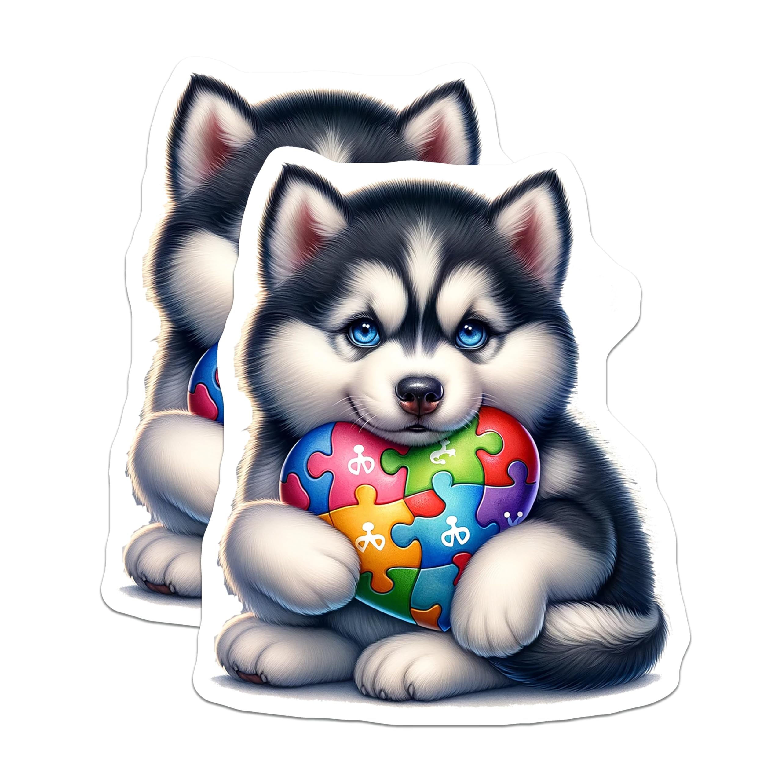 (2 Pack) Husky Puppy Puzzle Heart Stickers - Cute Dog Stickers - Colorful Animal Puzzle Stickers - 5" On Longest Side - Sticks to Smooth Flat Surfaces - Made in USA - BMCS9477