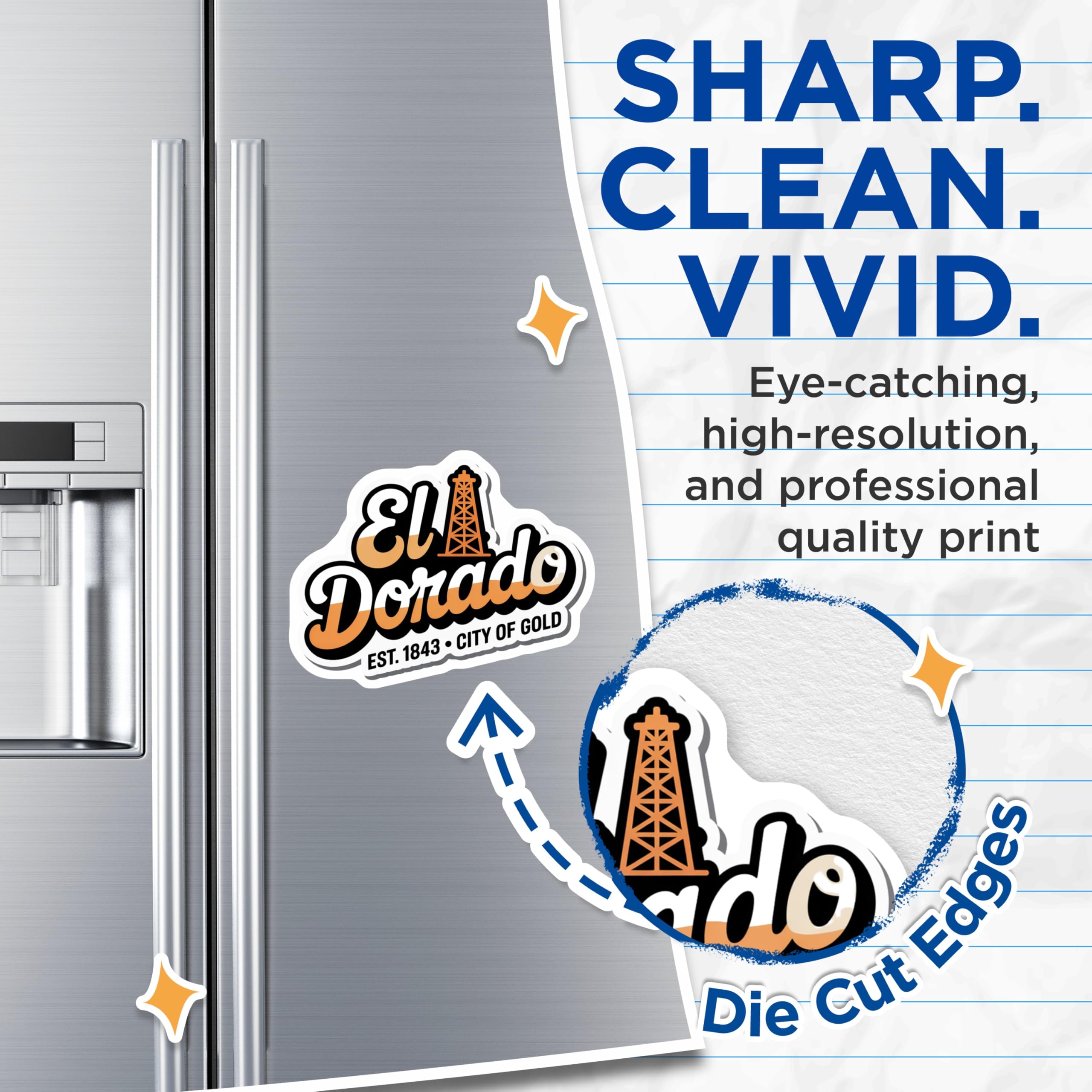 (2 Pack) El Dorado City of Gold Magnets - Oil Derrick - Established 1843 Decor - 5" On Longest Side - Premium Magnet - for Cars, Refrigerators, Toolboxes, Lockers - Made in USA - MAG17672