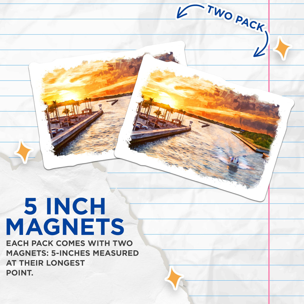 (2 Pack) Sunset Canal Magnets - Boat Ride Decor - Coastal Vibe Art - 5" On Longest Side - Premium Magnet - for Cars, Refrigerators, Toolboxes, Lockers - Made in USA - MAG18533