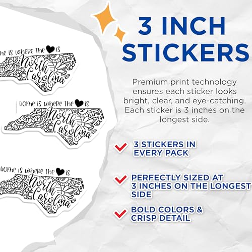 (3 Pack) North Carolina Decals - Home State Art - Laptop Car Decals - 3 Inches On Longest Side - Easy Peel & Apply - Made in USA - 3MCS7846