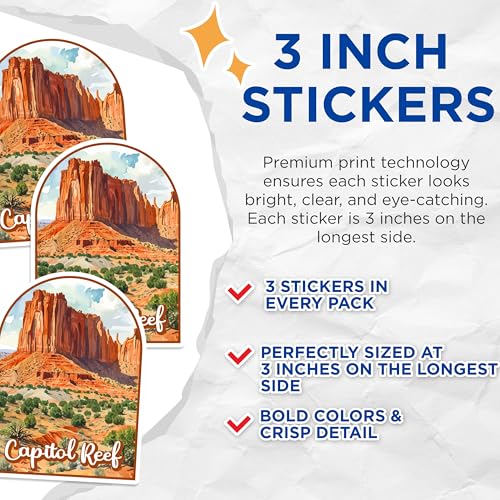 (3 Pack) Capitol Reef National Park Decals - Utah Travel Souvenir - Laptop Decal - 3 Inches On Longest Side - Easy Peel & Apply - Made in USA - 3MCS0428