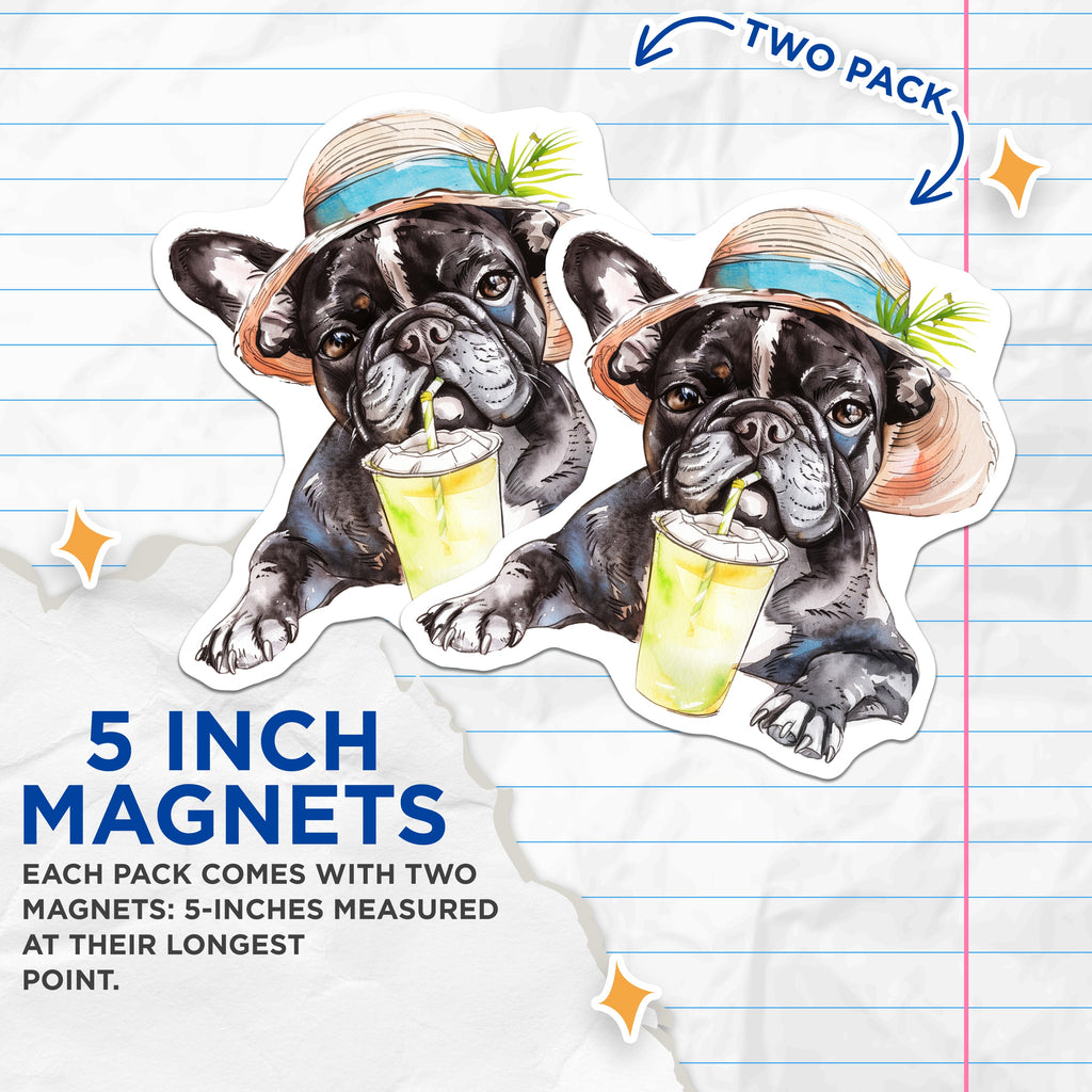 (2 Pack) French Bulldog Summer Magnets - Cute Frenchie Dog Lover - Tropical Pet Art Watercolor Fridge Magnet - 5 Inches On Longest Side - Thick Durable Magnet - Made in USA - MAG39604