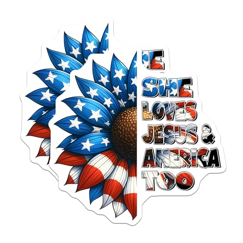 (2 Pack) She Loves Jesus and America Too Stickers - Faith-Based - Patriotic Floral - 5" On Longest Side - Sticks to Smooth Flat Surfaces - Made in USA - BMCS7450