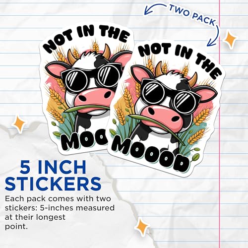 (2 Pack) Not in The Mood Stickers - Funny Cow Sticker - Cute Animal Sticker - 5" On Longest Side - Sticks to Smooth Flat Surfaces - Made in USA - BMCS9800