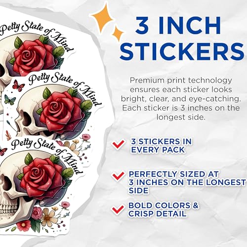 (3 Pack) Skull Rose Decals - Petty State of Mind - Laptop Decal - 3 Inches On Longest Side - Easy Peel & Apply - Made in USA - 3MCS6144