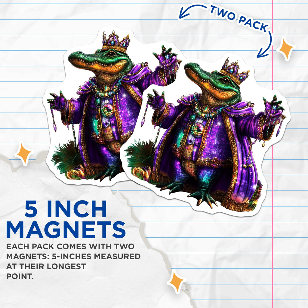(2 Pack) King Alligator Magnets - Mardi Gras Gator Magnets - Cute Fridge Decor - 5" On Longest Side - Premium Magnet - for Cars, Refrigerators, Toolboxes, Lockers - Made in USA - MAG14680
