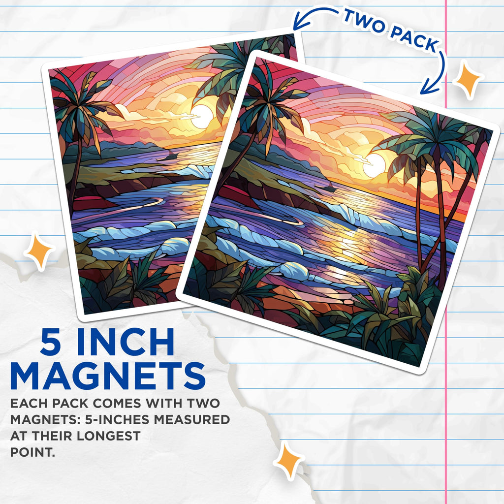 (2 Pack) Stained Glass Sunset Magnets - Tropical Beach Scene - Palm Tree Ocean Art - 5 Inches On Longest Side - Thick Durable Magnet - Made in USA - MAG23924