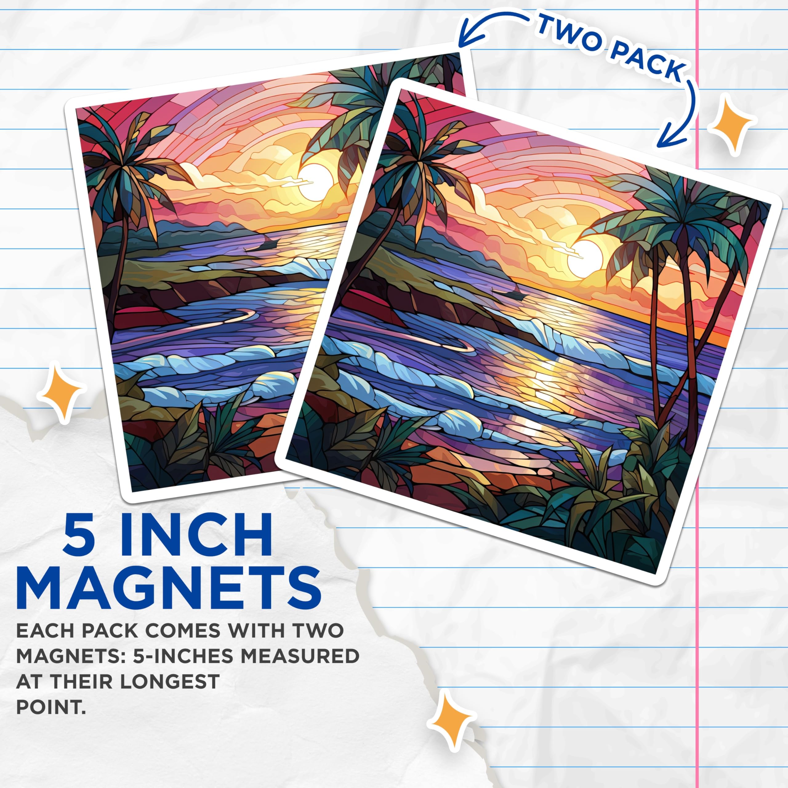 (2 Pack) Stained Glass Sunset Magnets - Tropical Beach Scene - Palm Tree Ocean Art - 5 Inches On Longest Side - Thick Durable Magnet - Made in USA - MAG23924