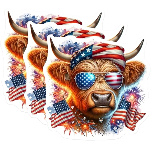 (3 Pack) Patriotic Cow Decals - American Flag - Highland Cow Decal- 3 Inches On Longest Side - Easy Peel & Apply - Made in USA - 3MCS5124