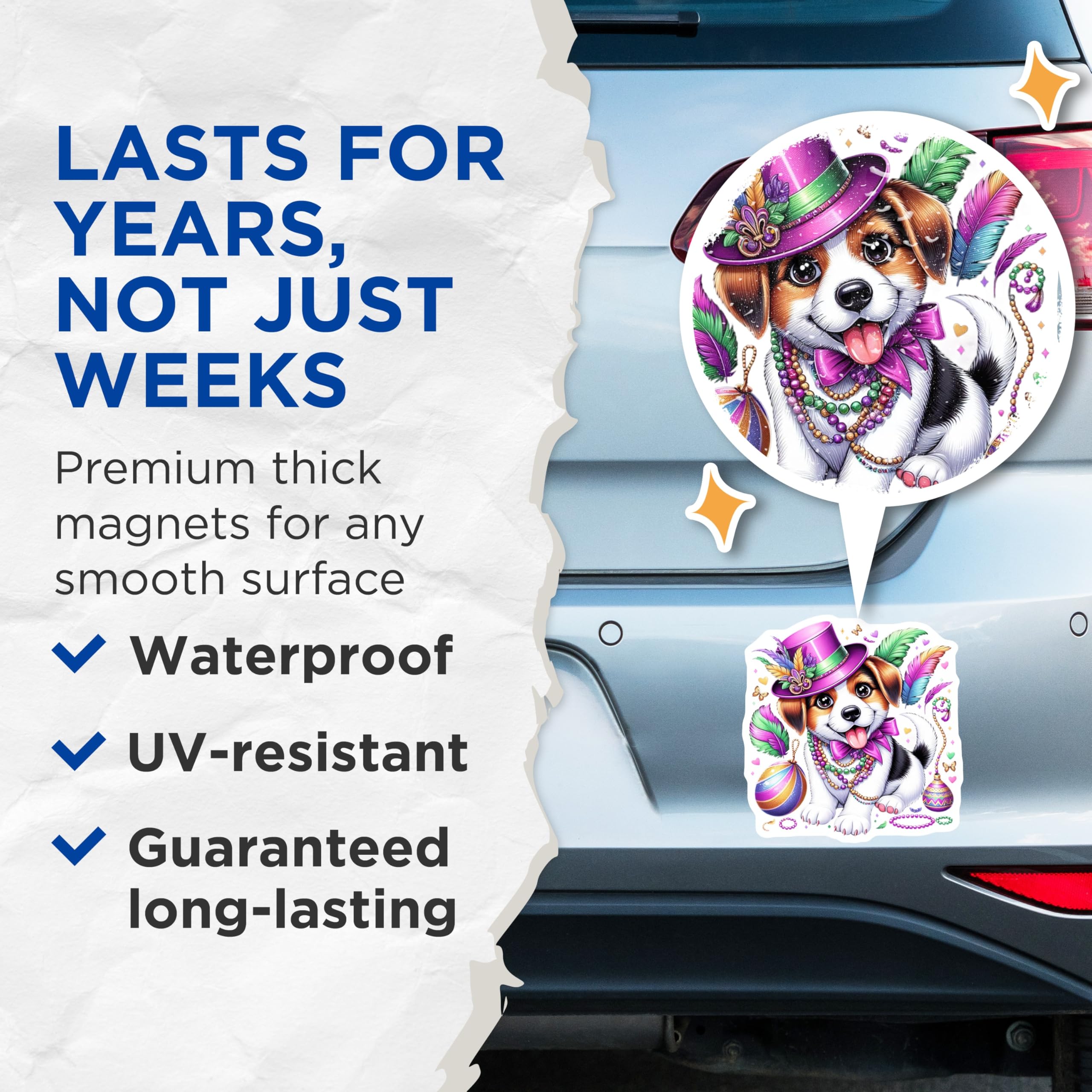 (2 Pack) Mardi Gras Puppy Magnets - Dog Carnival Decor - Party Celebration Souvenirs - 5" On Longest Side - Premium Magnet - for Cars, Refrigerators, Toolboxes, Lockers - Made in USA - MAG14759