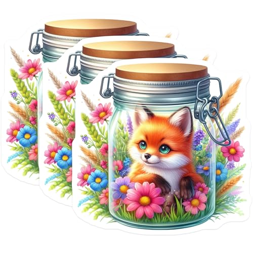 (3 Pack) Fox in Jar Decals - Floral Animal Decal - Cute Laptop Decal - 3 Inches On Longest Side - Easy Peel & Apply - Made in USA - 3MCS8121