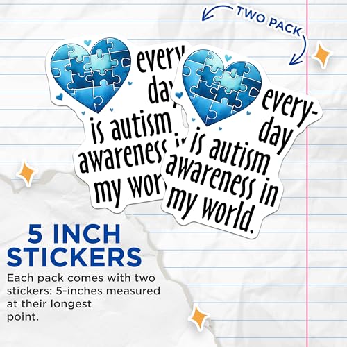 (2 Pack) Autism Awareness Stickers - Everyday is Autism Awareness - Heart Puzzle Piece - 5" On Longest Side - Sticks to Smooth Flat Surfaces - Made in USA - BMCS8115