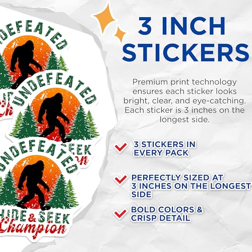 (3 Pack) Bigfoot Decals - Hide and Seek Champion - Undefeated Stickers - 3 Inches On Longest Side - Easy Peel & Apply - Made in USA - 3MCS4992