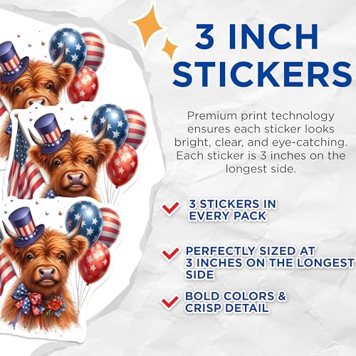 (3 Pack) Highland Cow Decals - Patriotic Cow - USA Flag Decorations- 3 Inches On Longest Side - Easy Peel & Apply - Made in USA - 3MCS5116