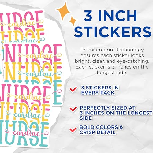 (3 Pack) Cardiac Nurse Decals - Nursing Decal - Medical Laptop Decal - 3 Inches On Longest Side - Easy Peel & Apply - Made in USA - 3MCS7893