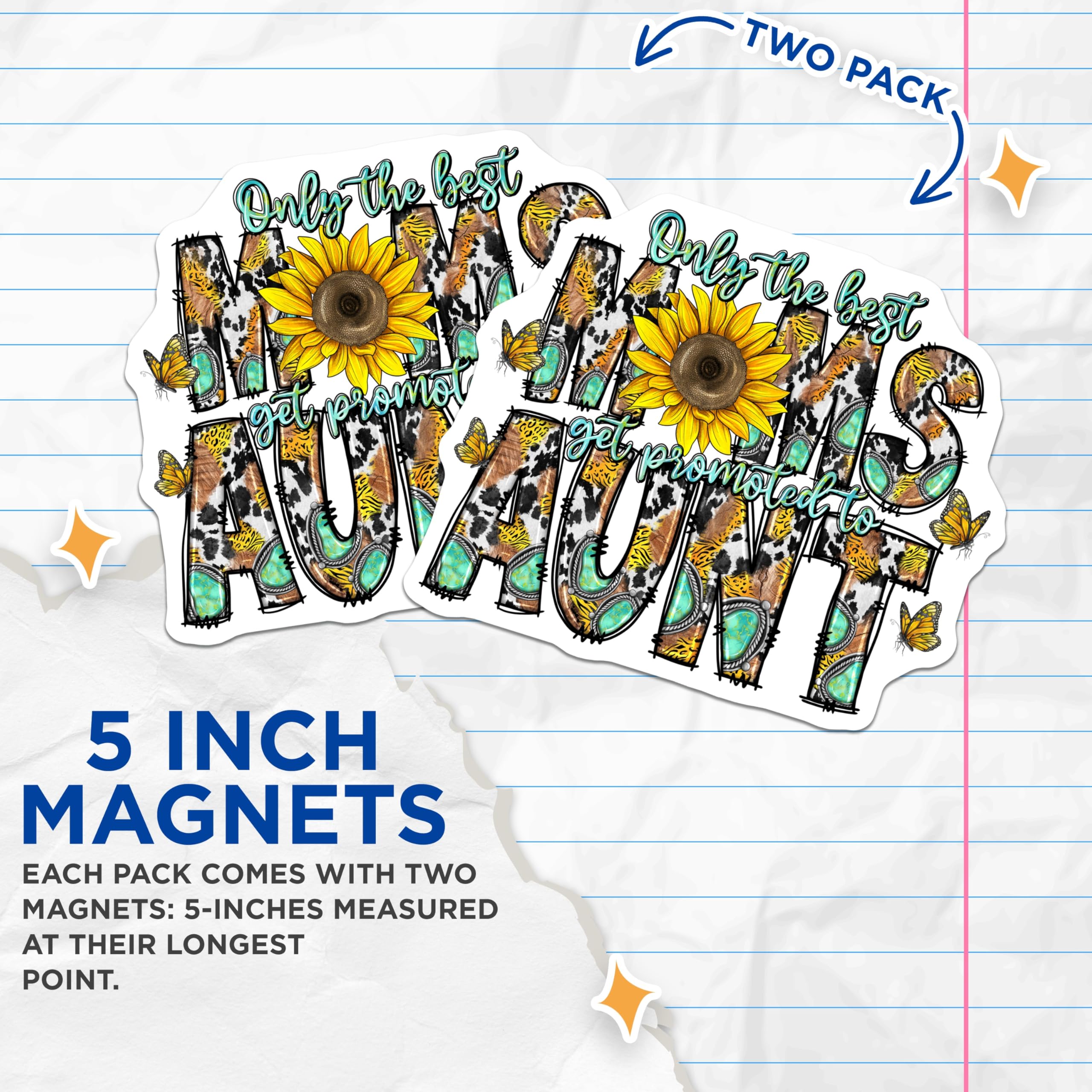 (2 Pack) Promoted to Aunt Magnets - New Auntie Announcement - Boho Western Country Butterfly Decor - 5 Inches On Longest Side - Thick Durable Magnet - Made in USA - MAG27146
