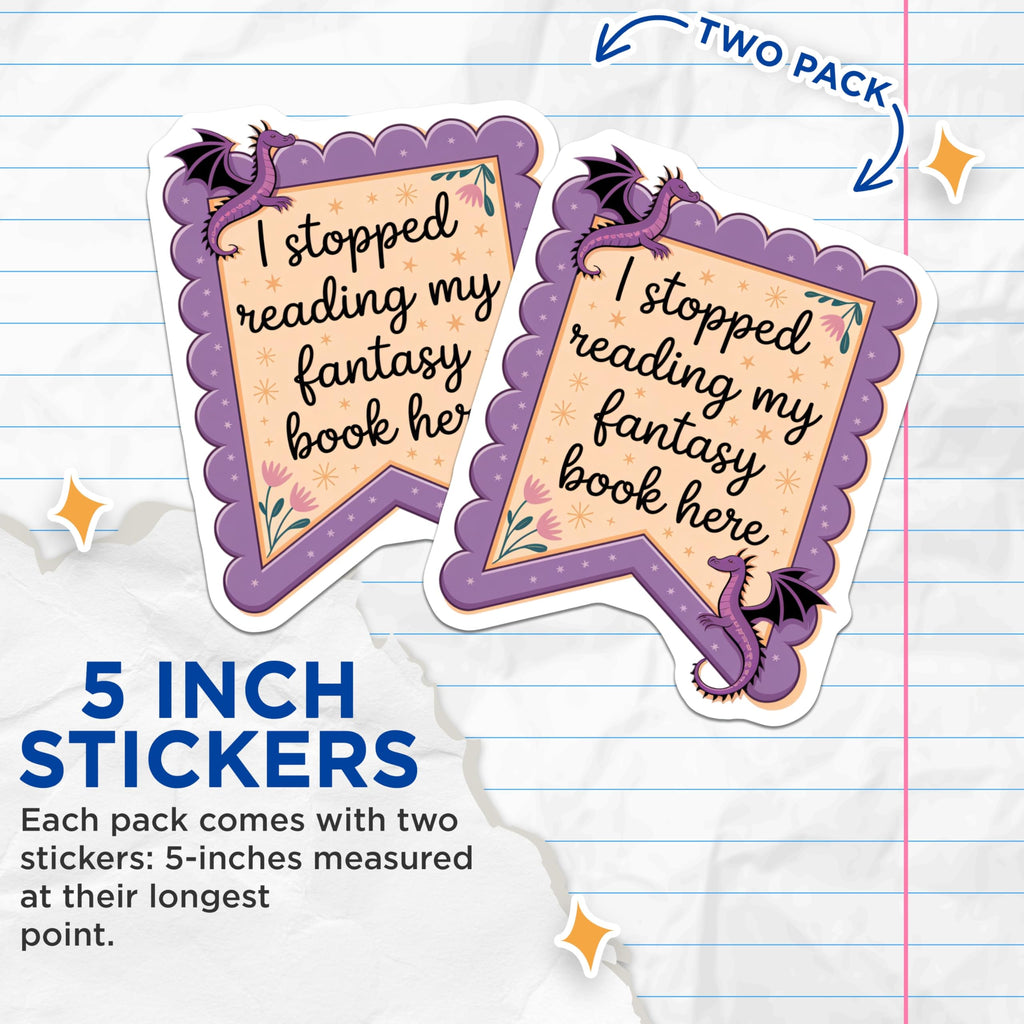 (2 Pack) Fantasy Book Stickers - Dragon Reader Decor - Bookish Reading Accessory - 5" On Longest Side - Sticks to Smooth Flat Surfaces - Made in USA - BMCS20723