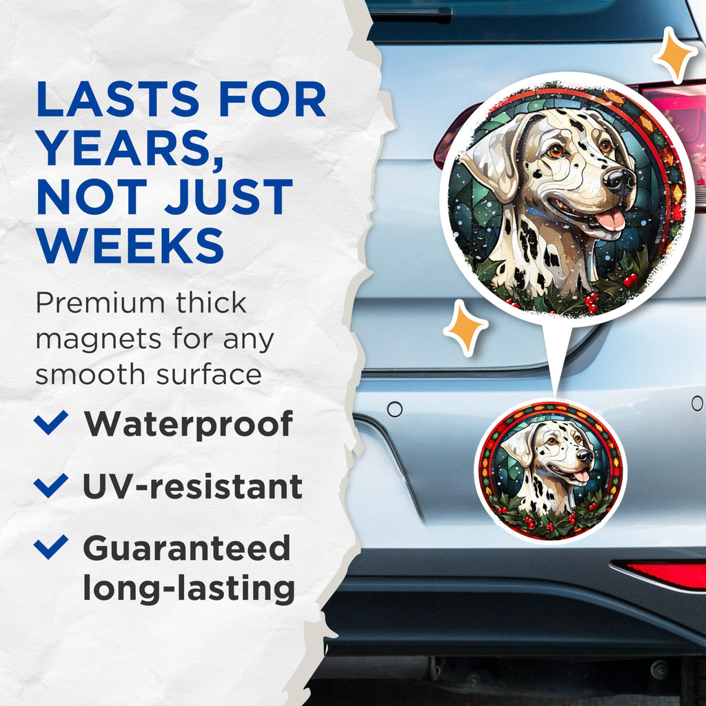 (2 Pack) Christmas Dalmatian Magnets - Stained Glass Dog Art - Festive Winter Canine Decor - 5 Inches On Longest Side - Thick Durable Magnet - Made in USA - MAG23450