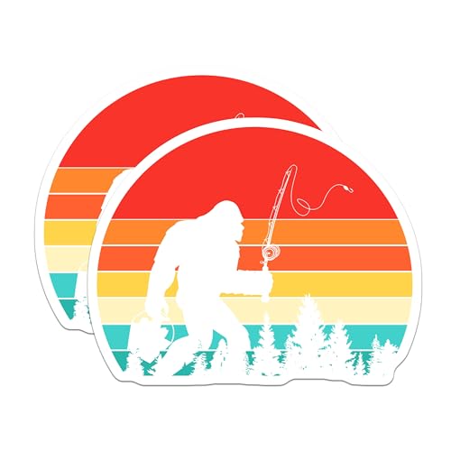 (2 Pack) Bigfoot Fishing Stickers - Retro Bigfoot Stickers - Outdoors Enthusiast Decal - 5" On Longest Side - Sticks to Smooth Flat Surfaces - Made in USA - BMCS4778