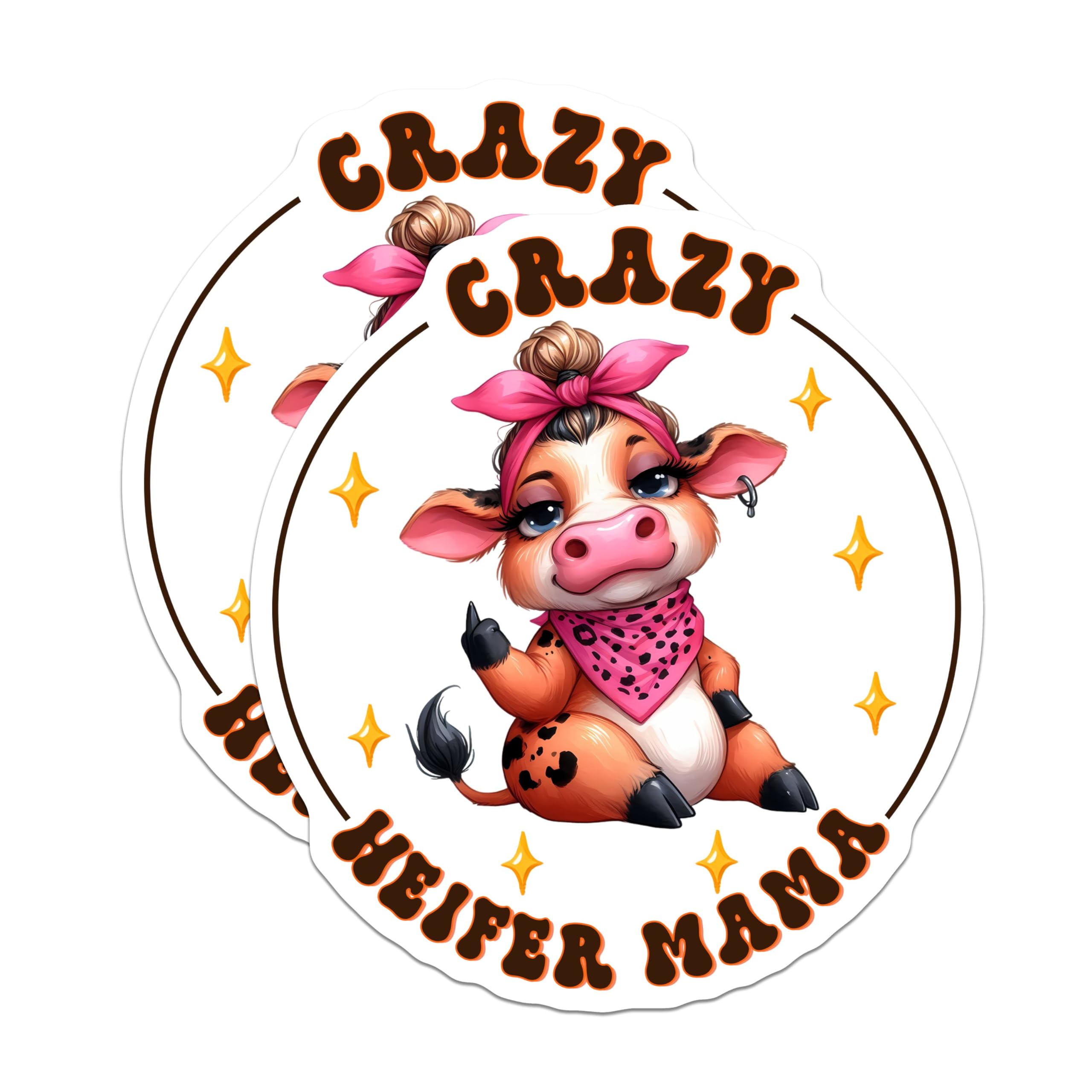 (2 Pack) Crazy Heifer Mama Stickers - Funny Cow Stickers - Farm Animal Stickers for Laptops Water Bottles - 5" On Longest Side - Sticks to Smooth Flat Surfaces - Made in USA - BMCS3772