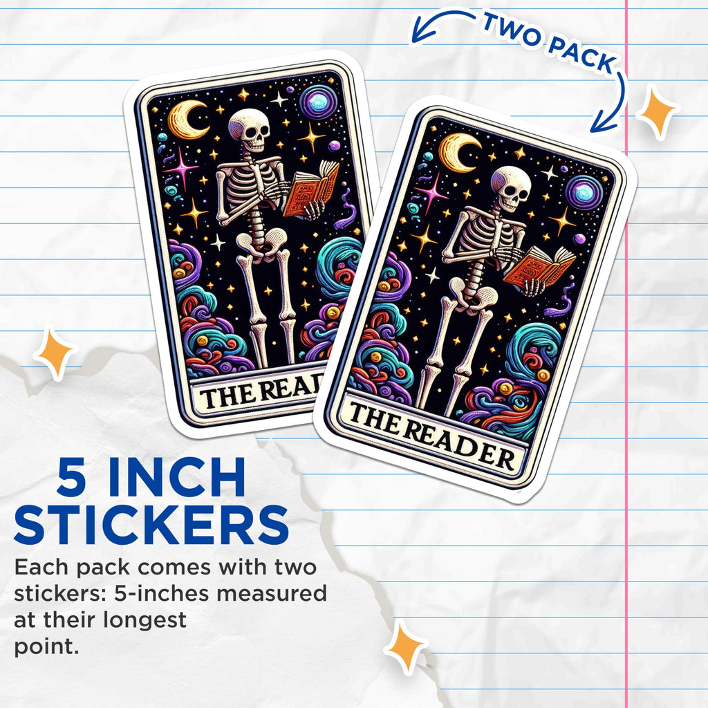 (2 Pack) The Reader Skeleton Stickers - Tarot Design Stickers - Cosmic Art Stickers for Notebooks and Laptops - 5" On Longest Side - Sticks to Smooth Flat Surfaces - Made in USA - BMCS5487
