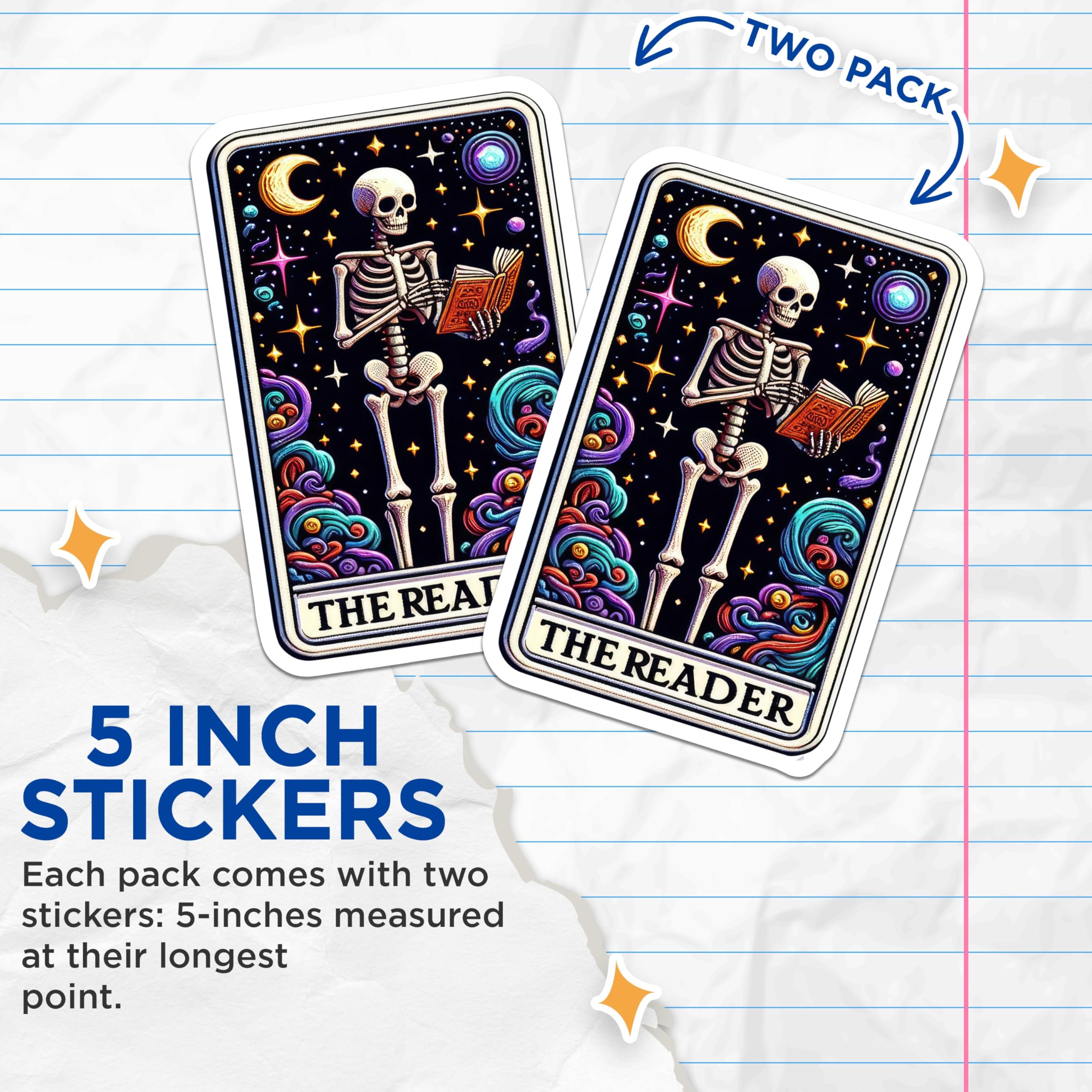 (2 Pack) The Reader Skeleton Stickers - Tarot Design Stickers - Cosmic Art Stickers for Notebooks and Laptops - 5" On Longest Side - Sticks to Smooth Flat Surfaces - Made in USA - BMCS5487
