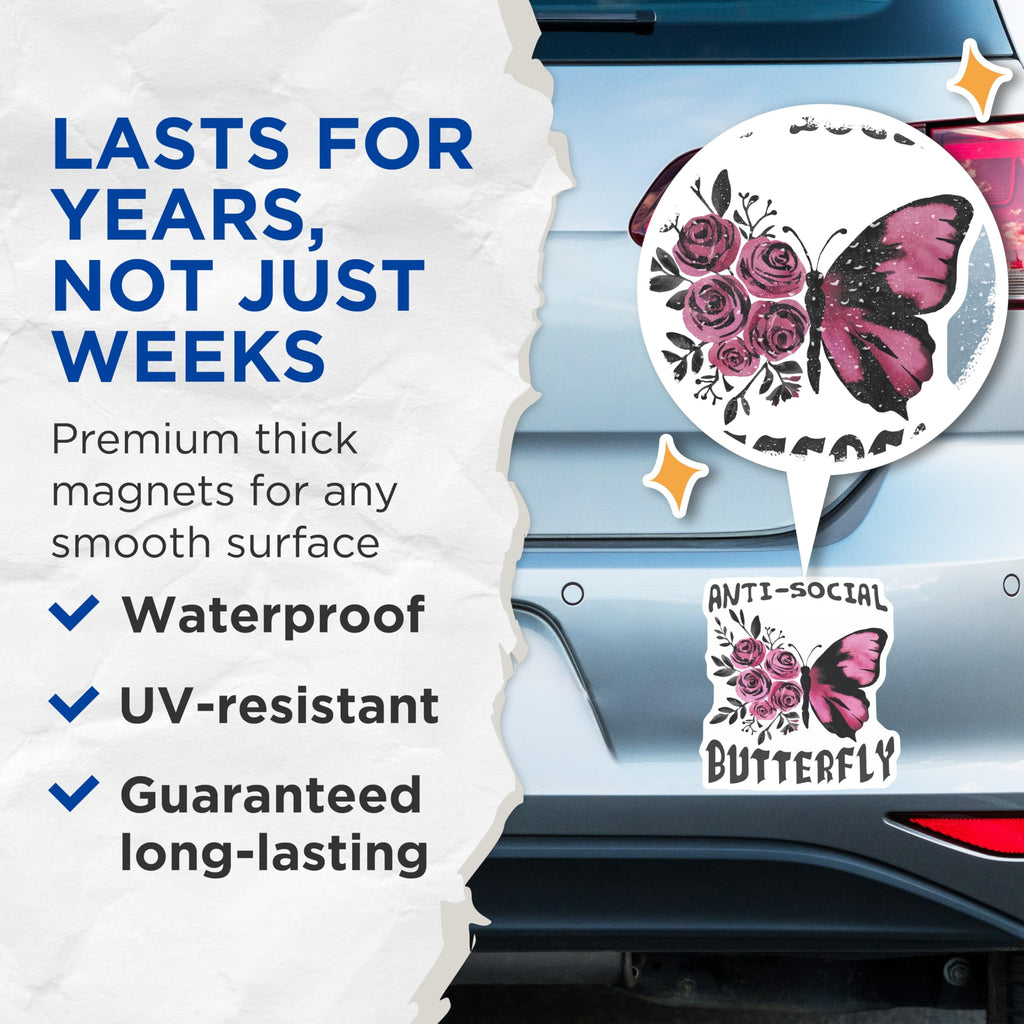(2 Pack) Anti-Social Butterfly Magnets - Introvert Humor Decor - Pink Rose Floral Aesthetic - 5 Inches On Longest Side - Thick Durable Magnet - Made in USA - MAG19415