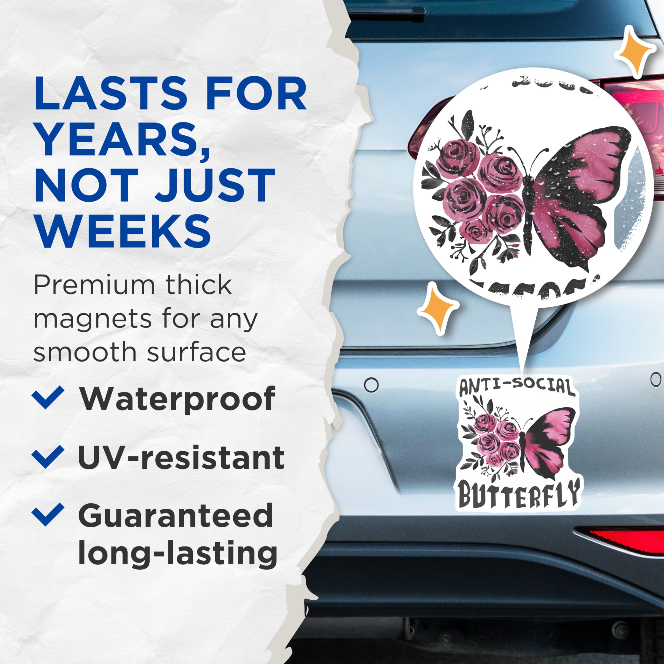 (2 Pack) Anti-Social Butterfly Magnets - Introvert Humor Decor - Pink Rose Floral Aesthetic - 5 Inches On Longest Side - Thick Durable Magnet - Made in USA - MAG19415