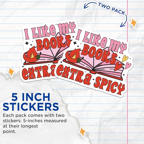 (2 Pack) I Like My Books Extra Spicy Stickers - Book Lover Stickers - Spicy Book Enthusiast Stickers - 5" On Longest Side - Sticks to Smooth Flat Surfaces - Made in USA - BMCS3924